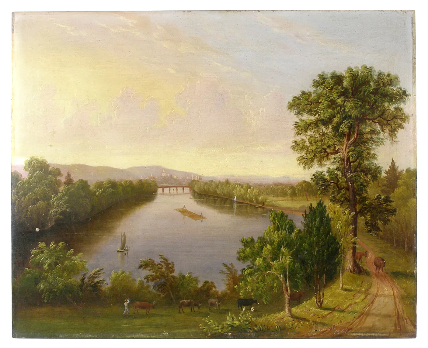 A colored painting of a body of water surrounded by green trees and grassy areas. To the right of the water is a dirt path. Several cattle graze on the grassy areas in front of the water and on the path. In the distance are several multi-storied buildings. 