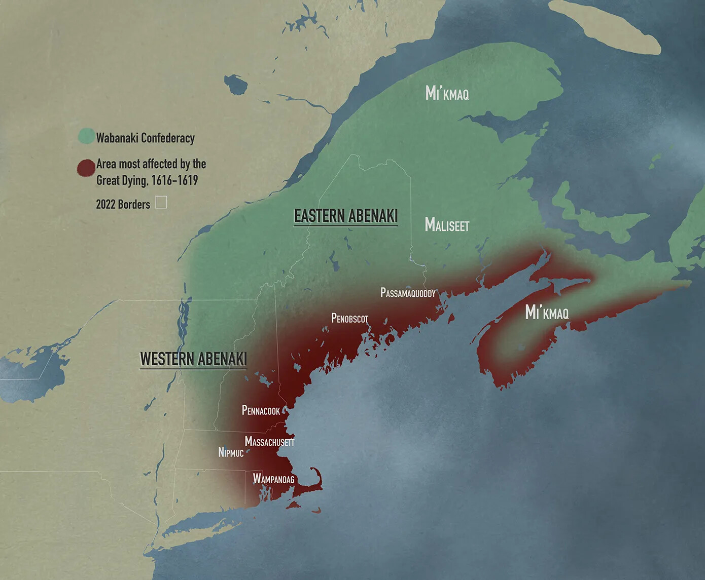 Wabanaki Confederacy land occupation in the color green and land affected by the Great Dying in the color red along the coast of present day New England and Canada. 