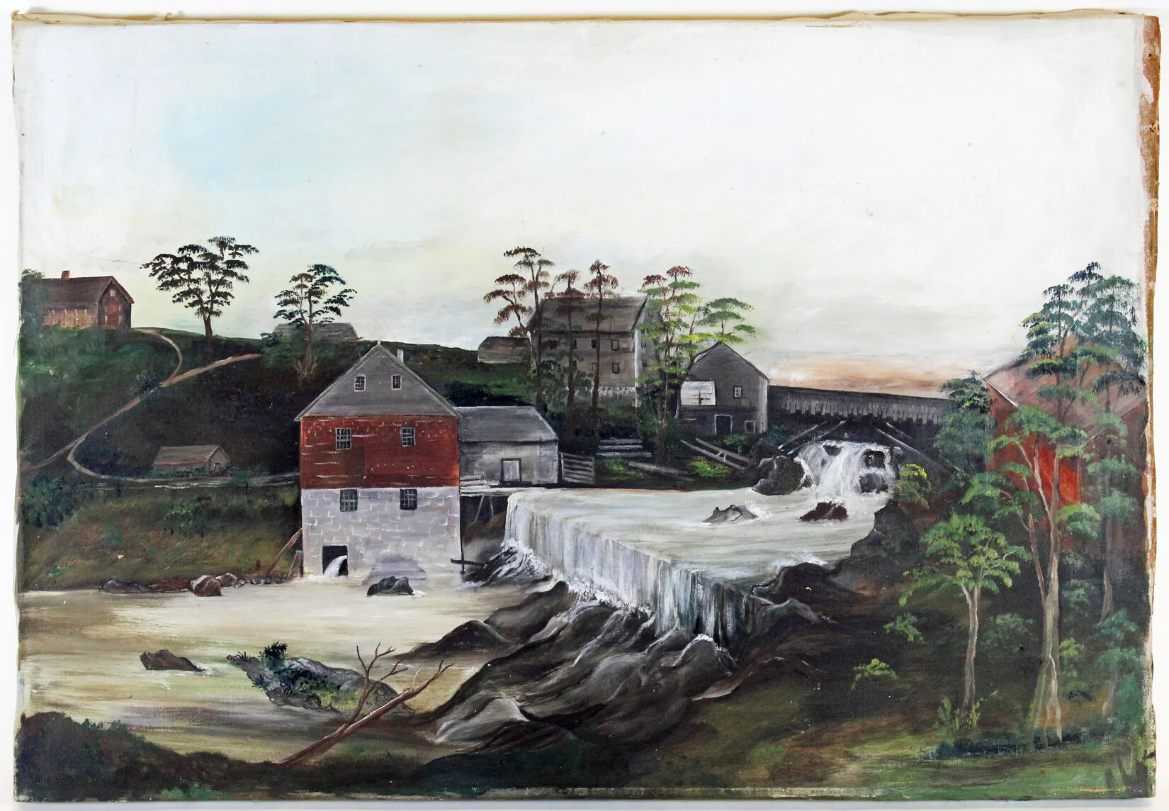 A colored painting of a group of multi-storied buildings facing a waterfall. Scattered throughout the water are several large boulders.
