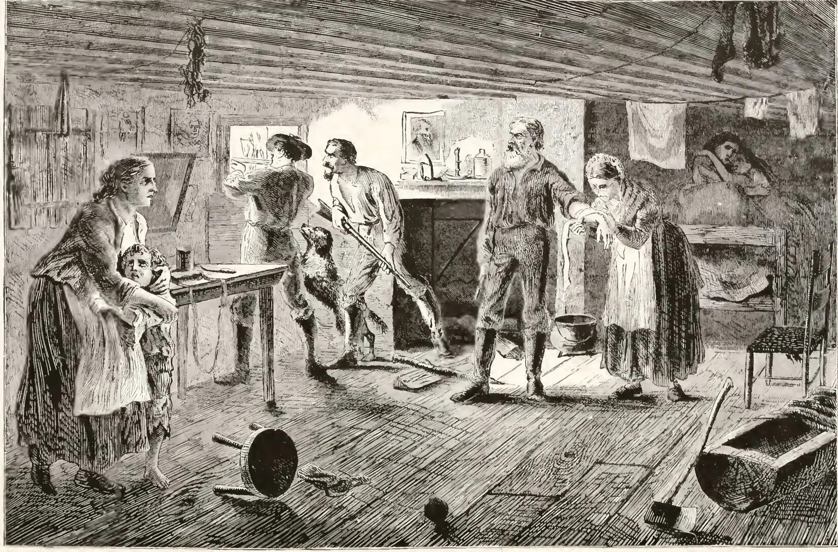 A black and white drawing of a group of men, women, and children doing different activities inside a room with a low ceiling. From right to left: a woman and child hug each other while looking afraid, a dog and two men with muskets stand looking out a window, a woman dresses a wound on a man's lower arm, and two people huddle together on top of a bed. The room has several pieces of furniture and desk items overturned onto the floor.