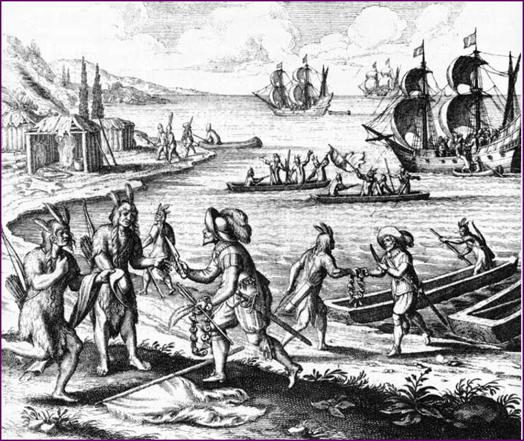 A black and white drawing of two groups of people meeting along the shore of a body of water. The two groups trade items with each other in the foreground of the drawing. In the background, people either sit in large canoes or stand along the edges of large ships.