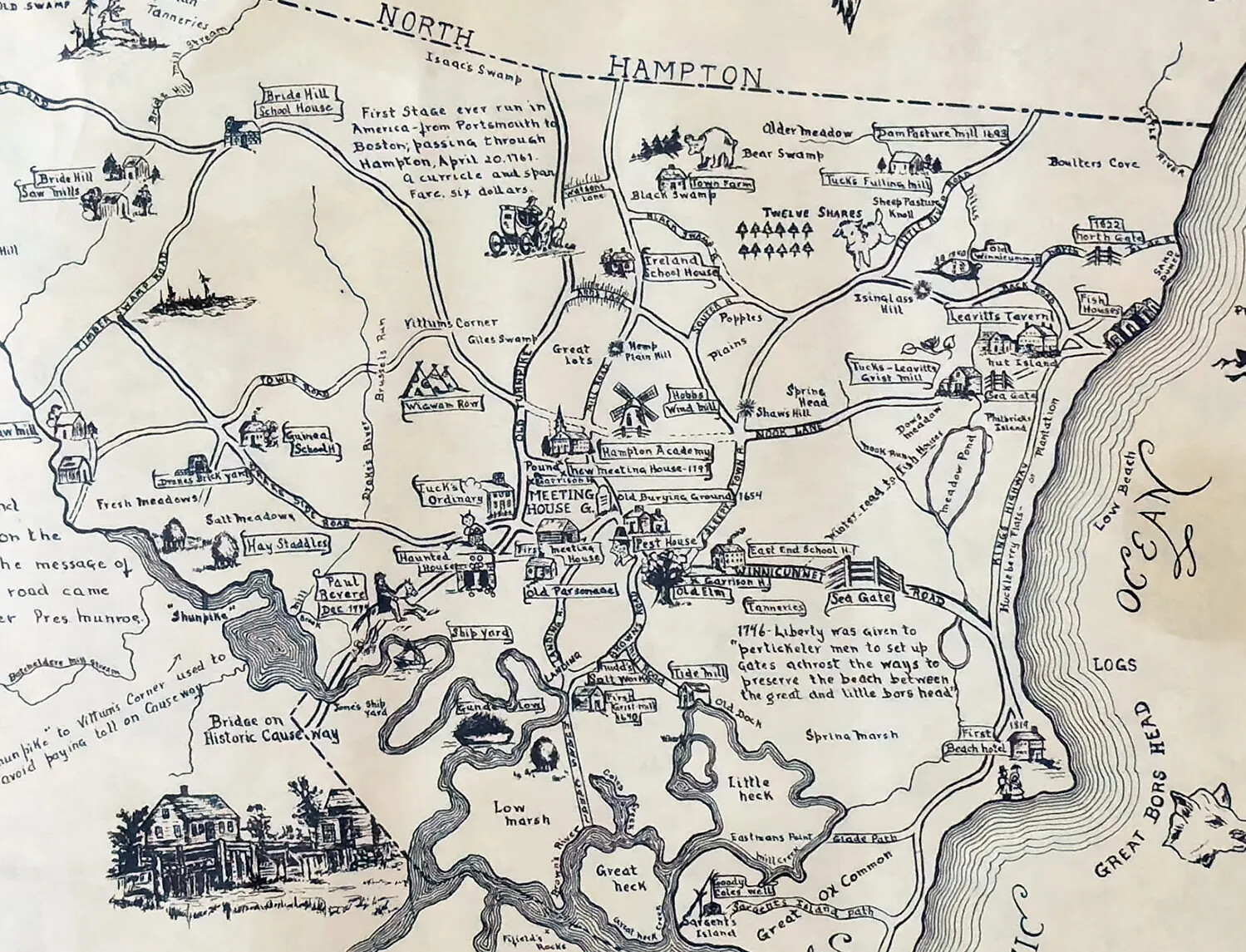 A black and white horizontal map of a town's settlement near a body of water. There are several labelled roads, along which are houses, farm animals, and people on horseback and in carriages.