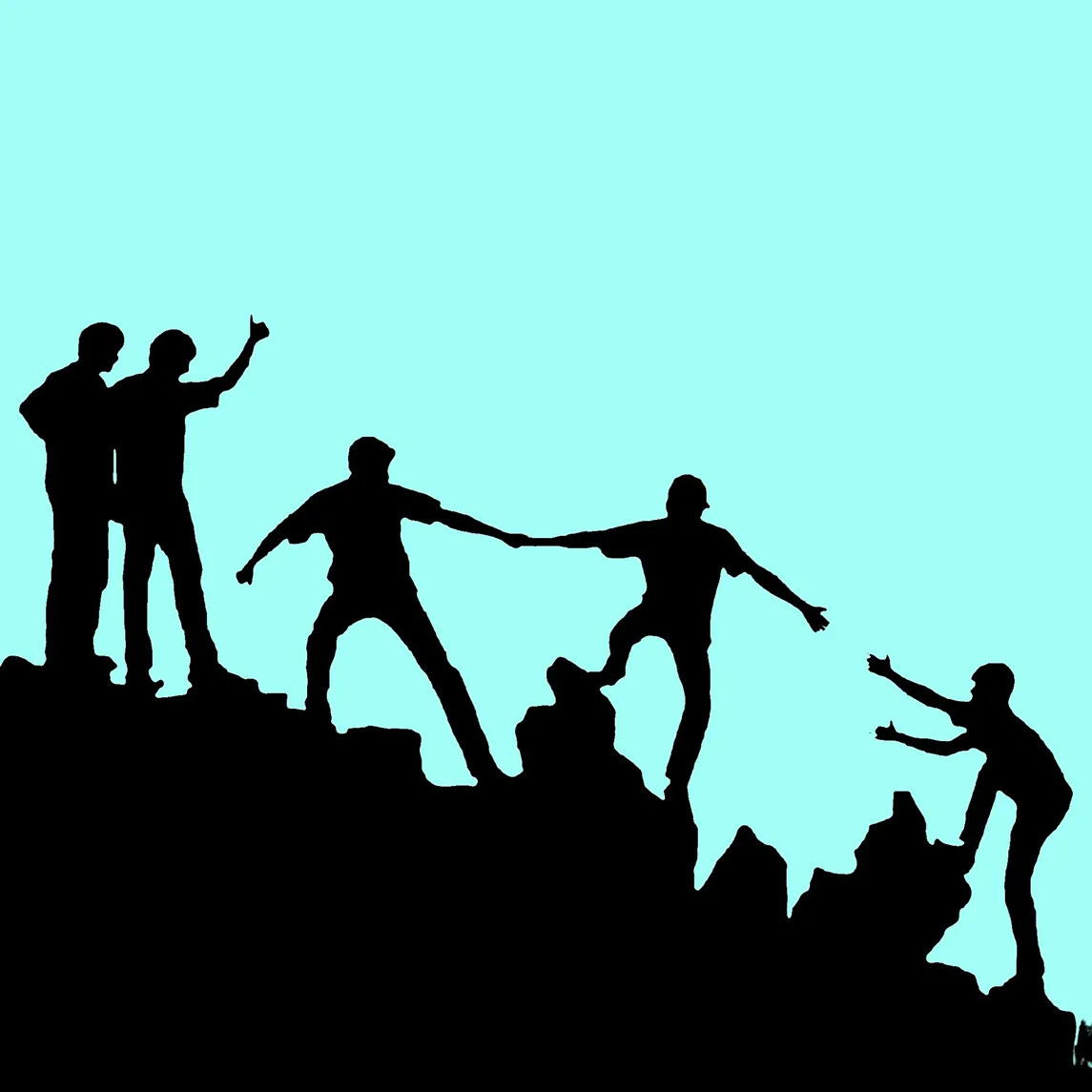 A colored cartoon drawing of a group of people in silhouette form, climbing up a rocky hill.