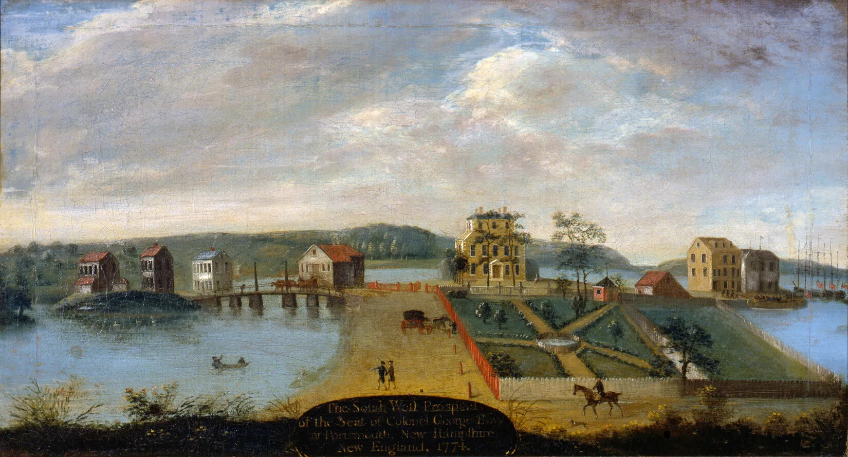 A colored painting of a piece of green land and a row of multi-storied houses bordered on three sides by a body of water. Several people are seen either riding on horseback, in a horse-drawn carriage, or walking on land. There is a small group of people rowing in a row boat in the water.