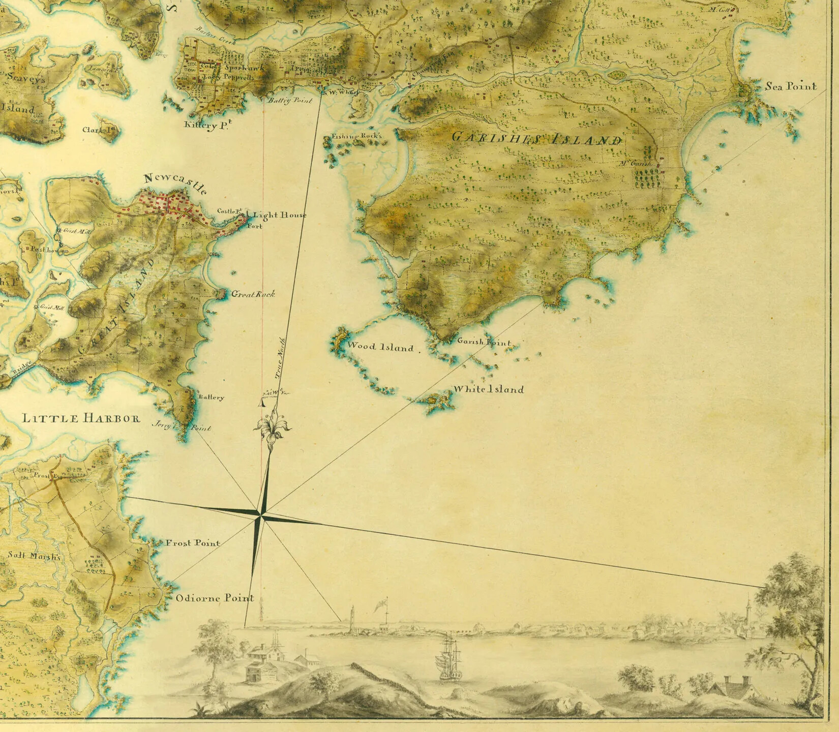 A historic map is shown of islands, shoreline, and bays. The water is light yellow and the land is darker with grass and rivers indicated. A compass is in the middle of the map in the water. A few islands, bays, and settlements are marked on the map. On the bottom fifth of the map is a drawing of a settlement. It is on the coast and has houses, trees, and ships. 