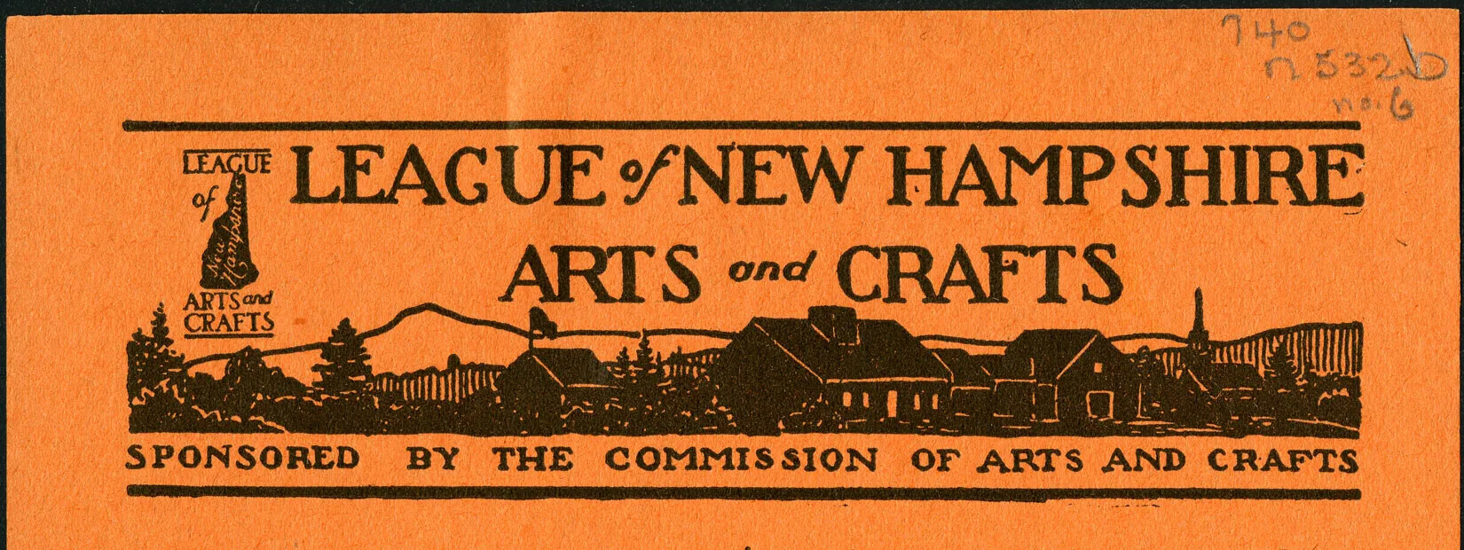 A long horizontal light-orange rectangle shows black printing and a woodcut scene of a village. The printing reads "LEAGUE of NEW HAMPSHIRE/ ARTS and CRAFTS" on the top and "SPONSORED BY THE COMMISSION OF ARTS AND CRAFTS" on the bottom. The scene is between the two lines of words and shows several houses, trees, a church, and mountains in the background. In the upper lefthand corner is a small outline of the state of New Hampshire, bordered by the words "LEAGUE of ARTS and CRAFTS." 