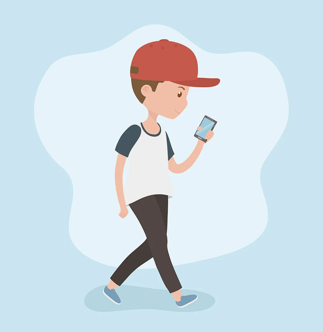 A colored cartoon drawing of a young white boy walking, holding a cell phone is his left hand. He wears a red baseball cap, a white short sleeved shirt with blue sleeves, pants, and blue sneakers.