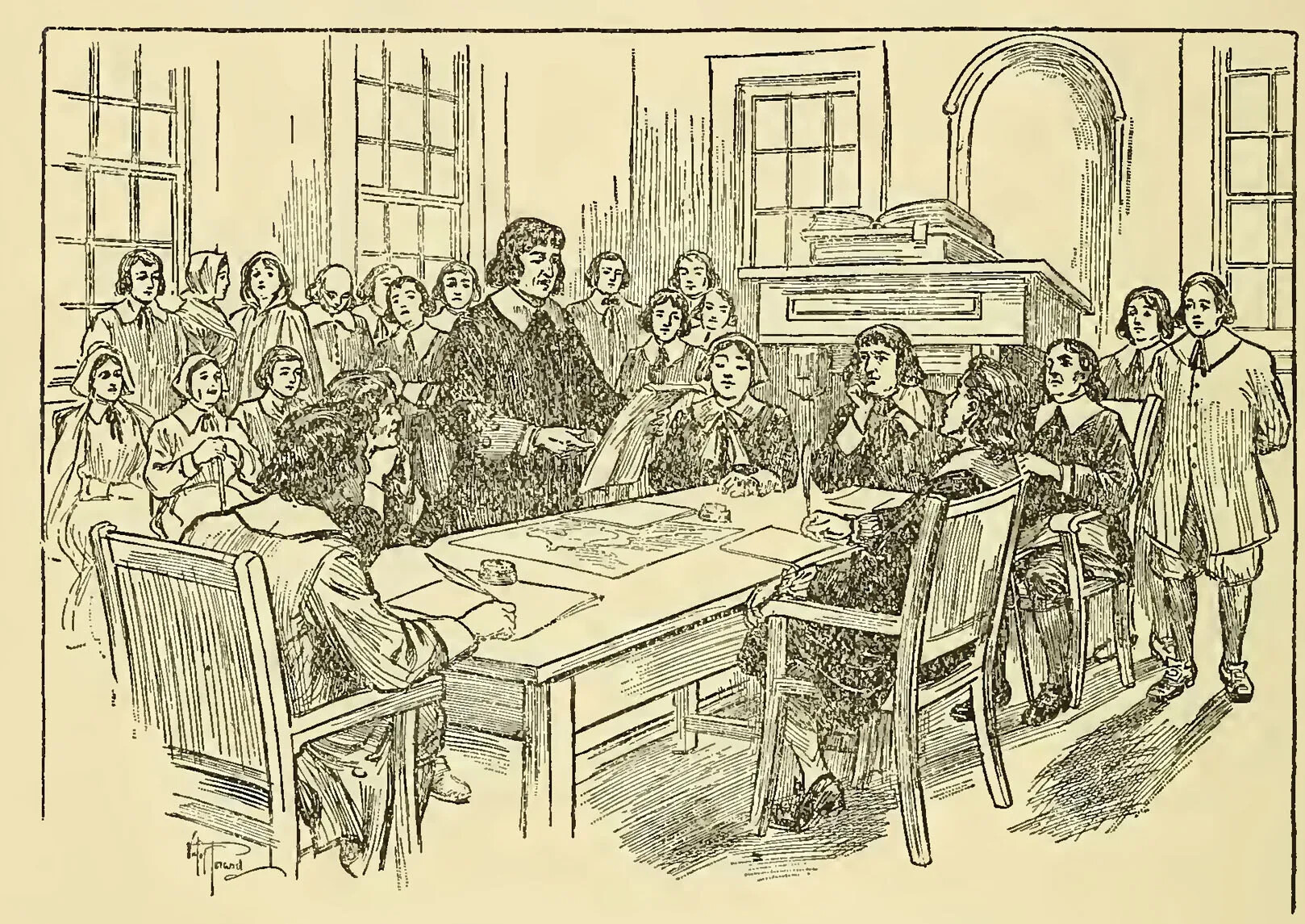 A black and white drawing of a group of men and women gathered around a table, which has maps and various pieces of paper scattered on top of it. The men wear long dark-colored coats with wide white collars, knee-length pants, long stockings, and buckled shoes. The women wear long dark-colored dresses and bonnets. They all look towards a man at the center of the table, who stands and reads from a document.